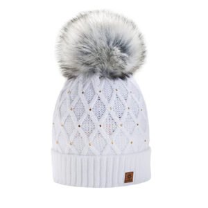 White Grey Knit Pompom Beanie Hat